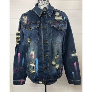 Create 2MRW Denim Jacket Womens Large Distressed Hand Painted Cotton Art to Wear